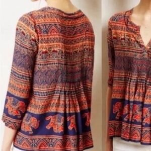 Vanessa Virginia Anthropologie Mahdia Peasant Top Boho Elephant Print Tunic Size